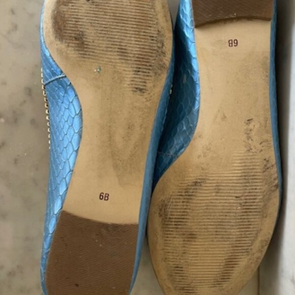 TALBOTS Snakeskin Embossed Blue Leather Braided Accent Chain Flats 6B - Picture 14 of 14